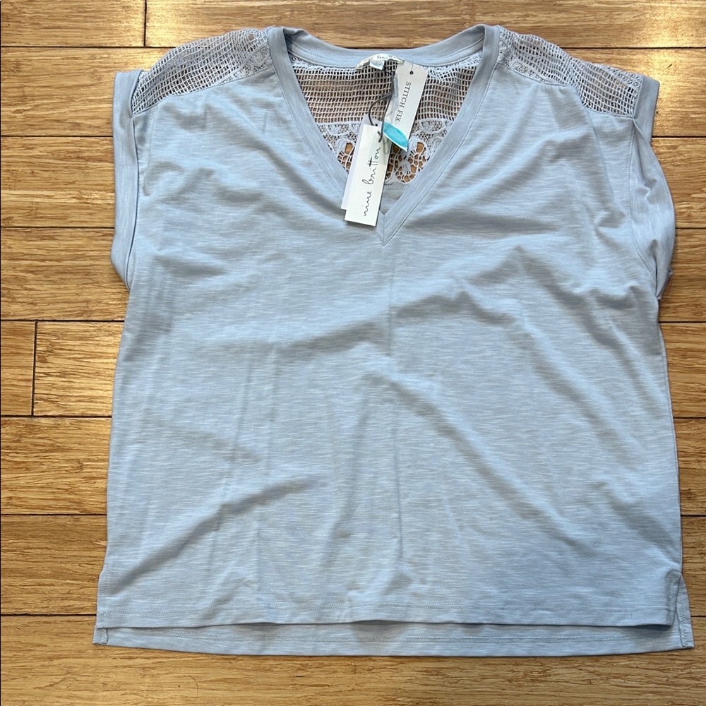 Nine Britton Sky Blue Normwear Crochet Lace Detail Blouse Women’s Large NWT